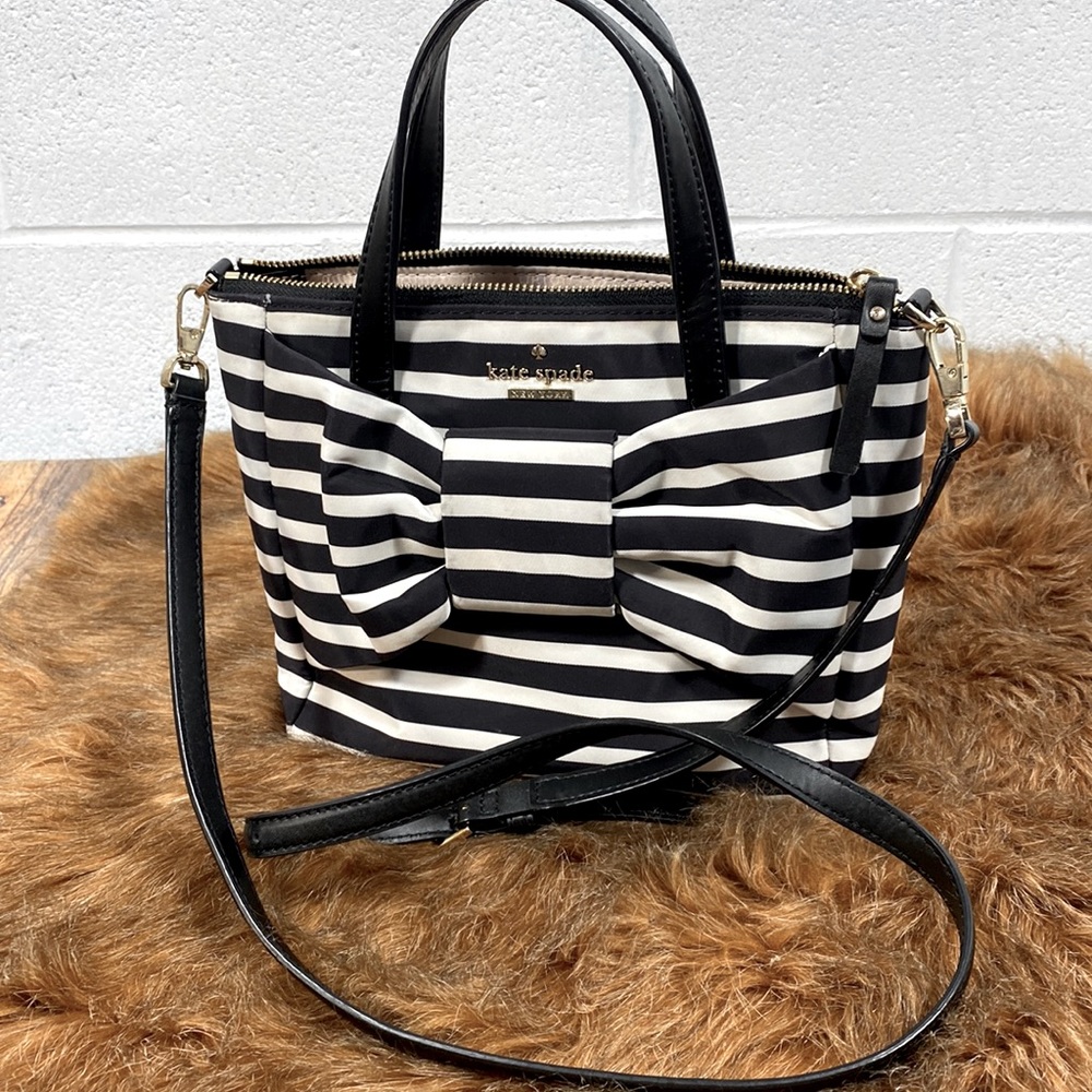 Kate Spade Watson Lane Small Maya Black and White Striped Bow Tote Shoulder Bag